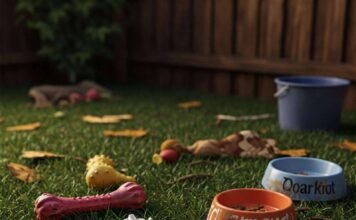 The Ultimate Daily Care Checklist for Dogs and Cats Funny chaotic backyard scene with pet mess