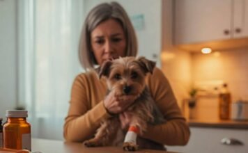 How to Handle a Pet Emergency: Life-Saving Tips for Pet Owners Frazzled Pet Owner with Injured Dog & Vet Info