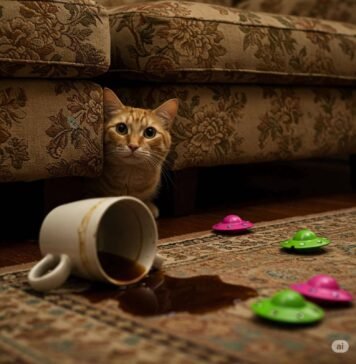 Calming Strategies for Anxious Cats: A Step-by-Step Guide Anxious Cat Peeking from Chaotic Couch