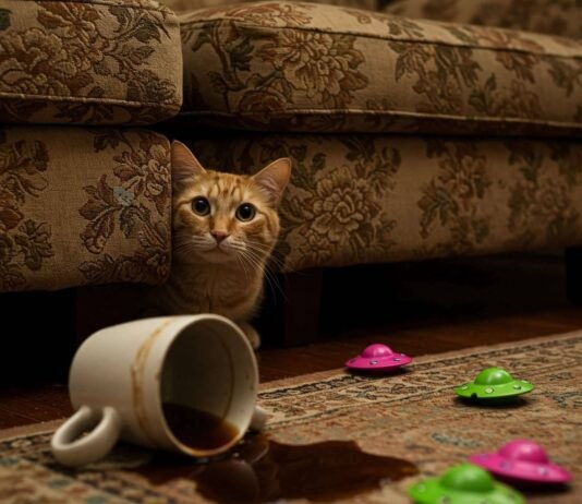 Calming Strategies for Anxious Cats: A Step-by-Step Guide Anxious Cat Peeking from Chaotic Couch